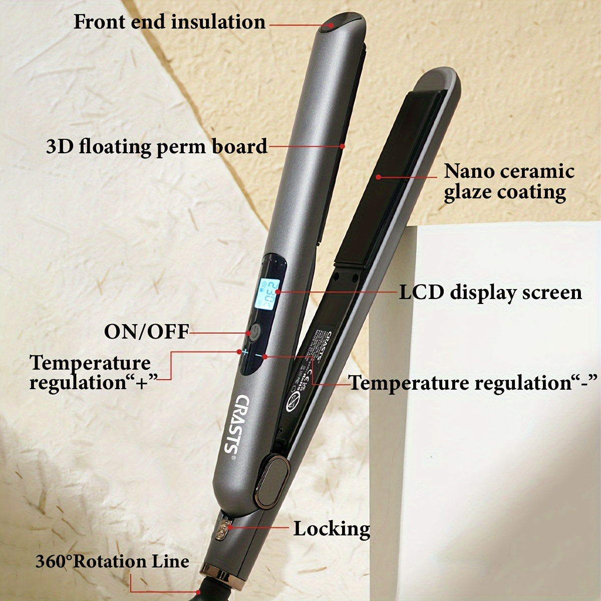 CRASTS Professional Hair Straightener & Curler with 5-level temperature control, display screen, 220V.