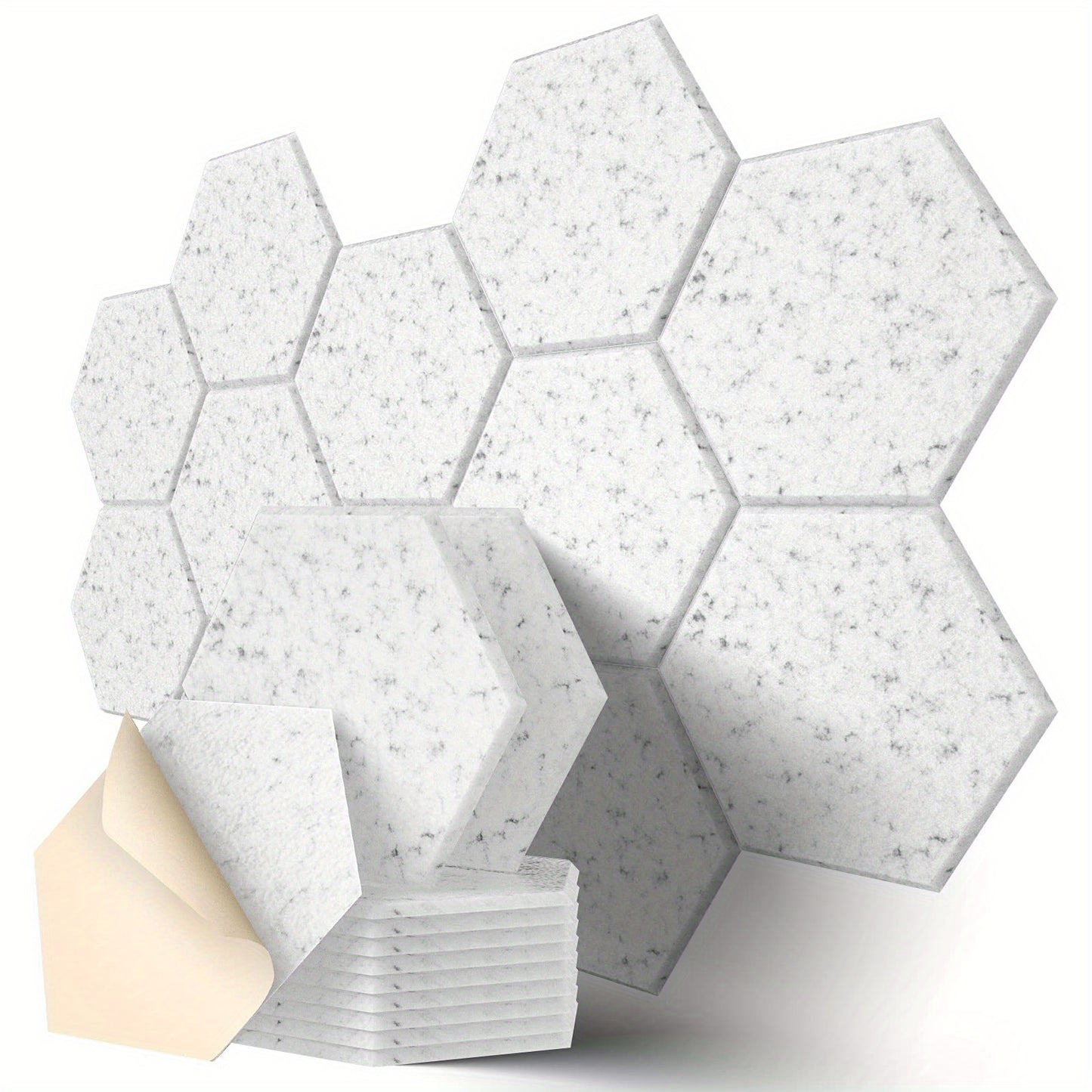 12-pack of hexagonal soundproof foam panels with self-adhesive backing, flame retardant properties, and dimensions of 30.48cm x 25.4cm x 1.02cm. Ideal for noise reduction and echo