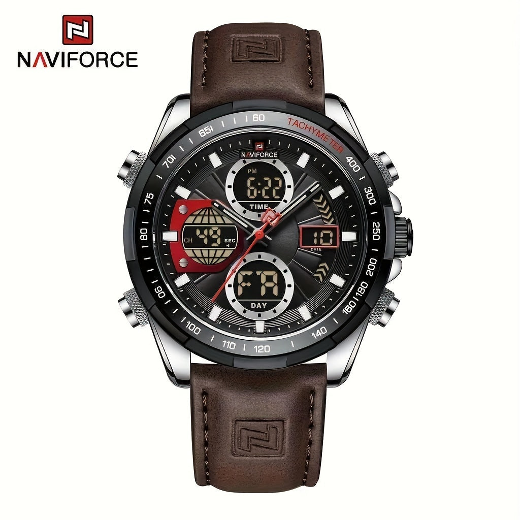 NAVIFORCE Men's Luxury Sports Quartz Watch - Waterproof, Genuine Leather Strap, Dual Display with Date & Chronograph Functions, Stainless Steel Case, Green Accents, Tachymeter Equipped