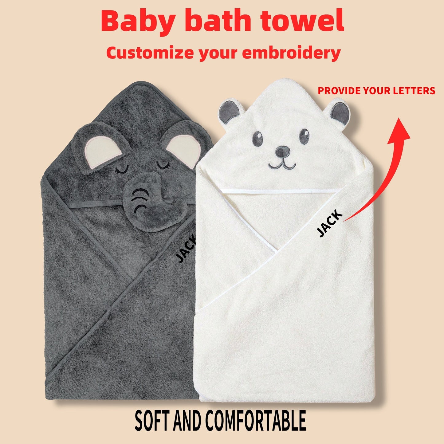 Customize your kids' bath time with these 2 adorable cartoon animal towels. Made from soft and absorbent polyester knit fabric, these towels can be personalized with your child's name. Perfect for Christmas and Halloween gifts, these towels come in a