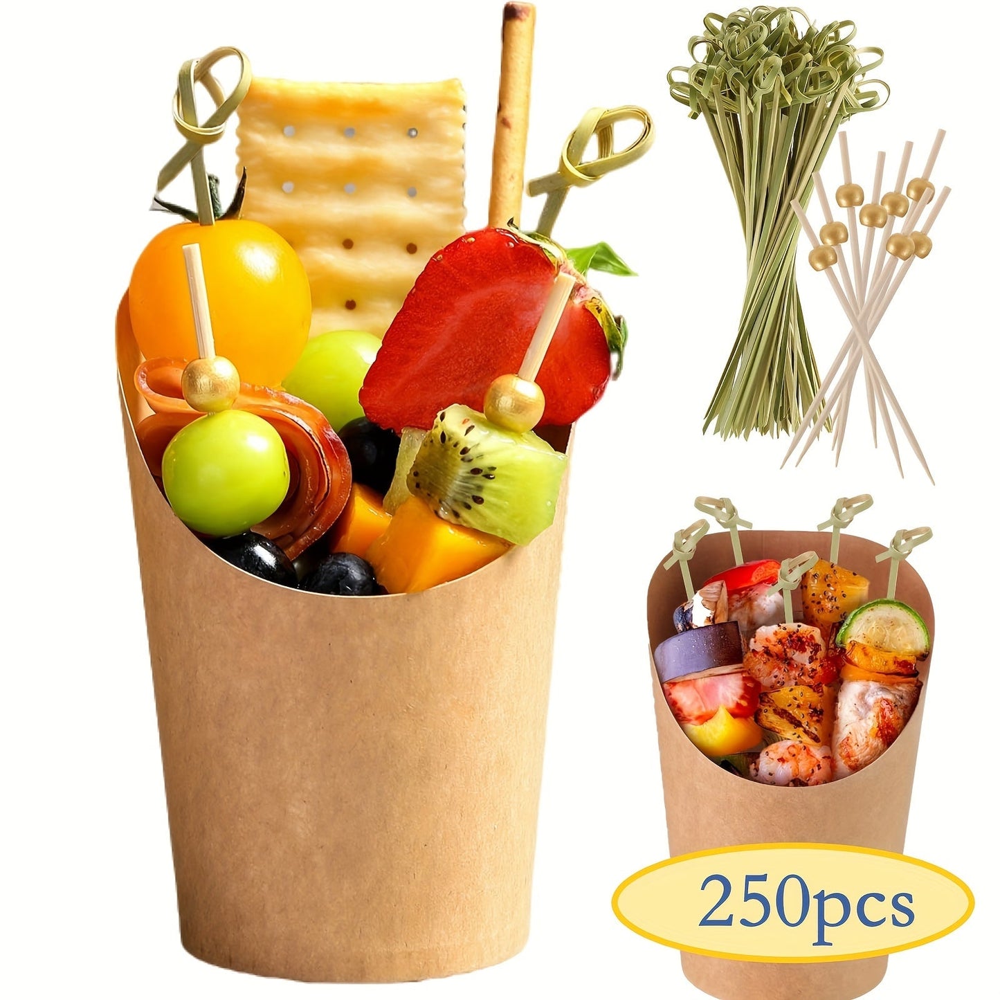 Disposable Kraft Paper Charcuterie Cups Kit with 250 pieces, including cocktail picks, snack boxes, oil-resistant for various occasions such as parties, BBQs, camping, serving fruit, appetizers, waffle desserts, and French fries.