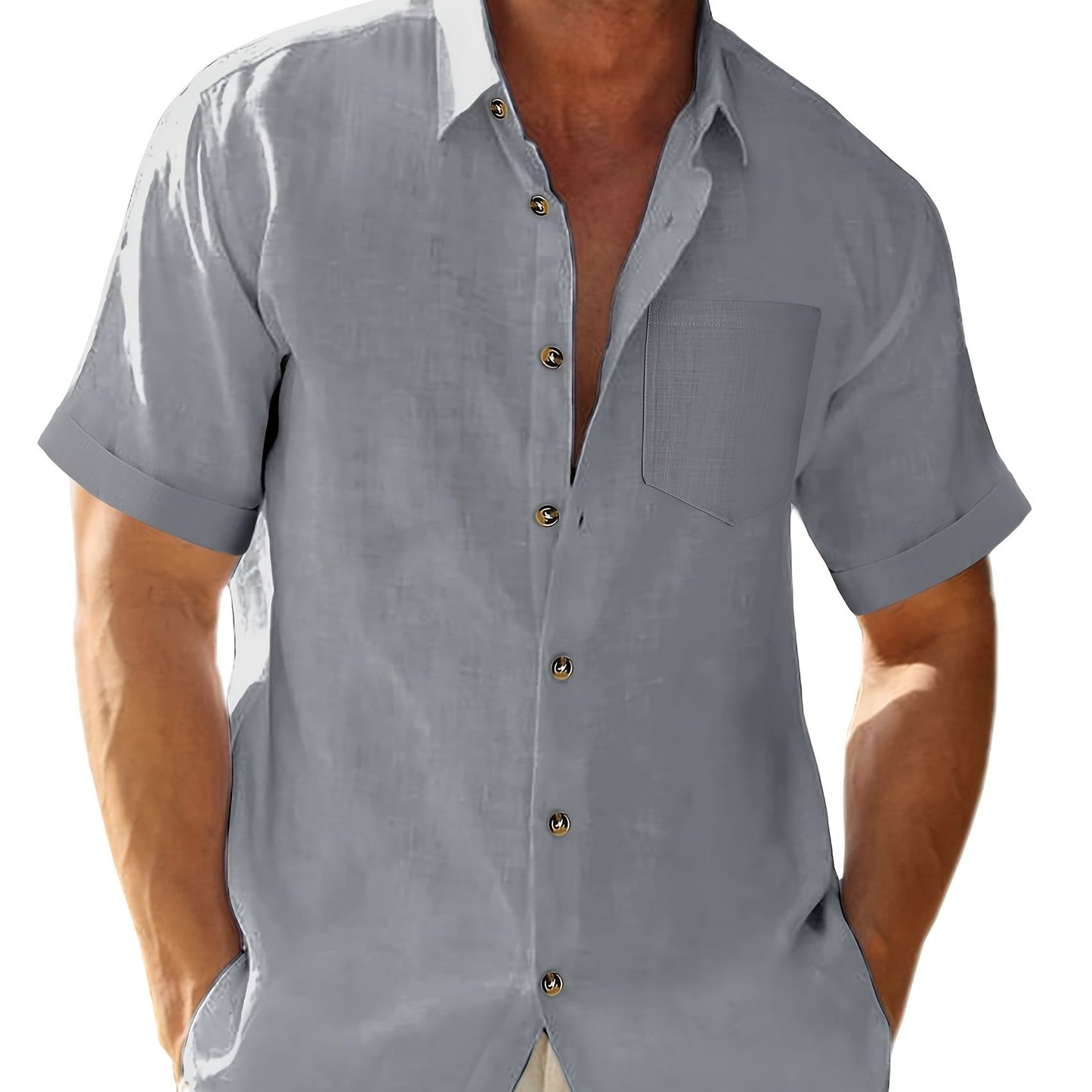 Men's plus size solid blue cotton shirt, casual short sleeve button-up, lightweight for summer comfort and vacation, relaxed look, cotton material.