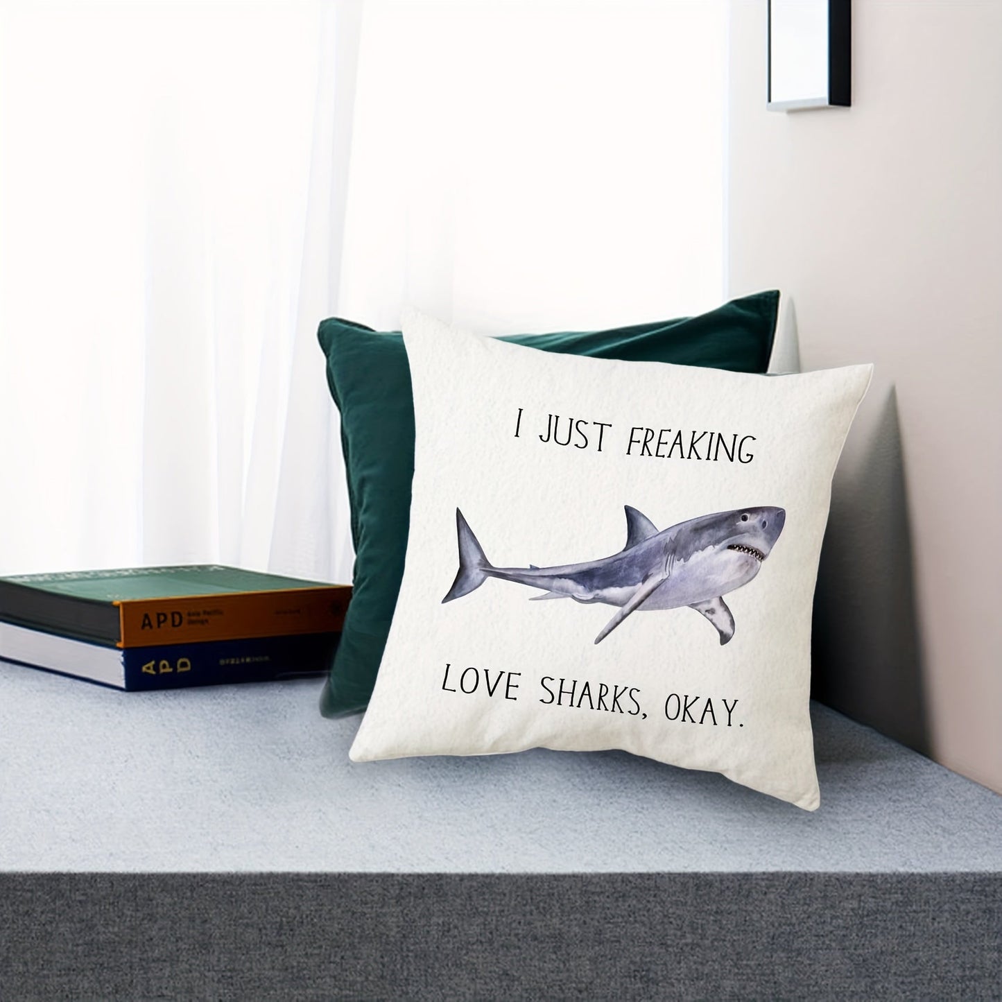 Ocean animals themed pillowcase featuring a shark design, perfect for adding a touch of coastal decor to your home. This "I Just Freaking Love Sharks Okay" throw pillow cover measures 45.72x45.72cm and makes a great gift for Shark Week or for any shark