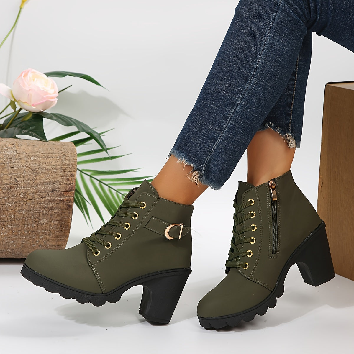 Chunky heel lace-up ankle boots for women, with side zipper.