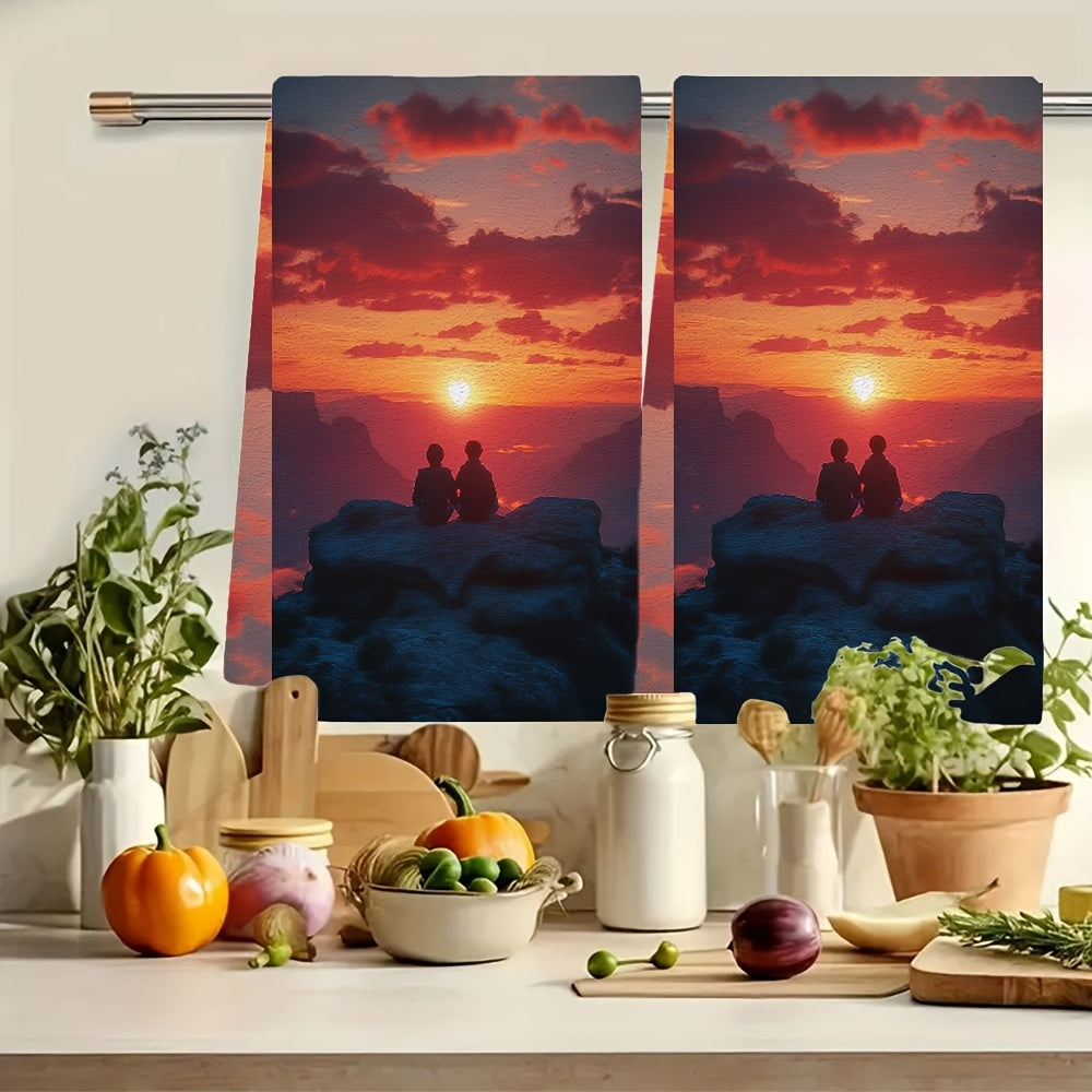 This duo of ultra-soft kitchen towels showcases two charming characters relaxing on a heart-shaped rock as they watch a beautiful sunset. These highly absorbent dish towels are ideal for adding a festive touch to your home decor, and are conveniently