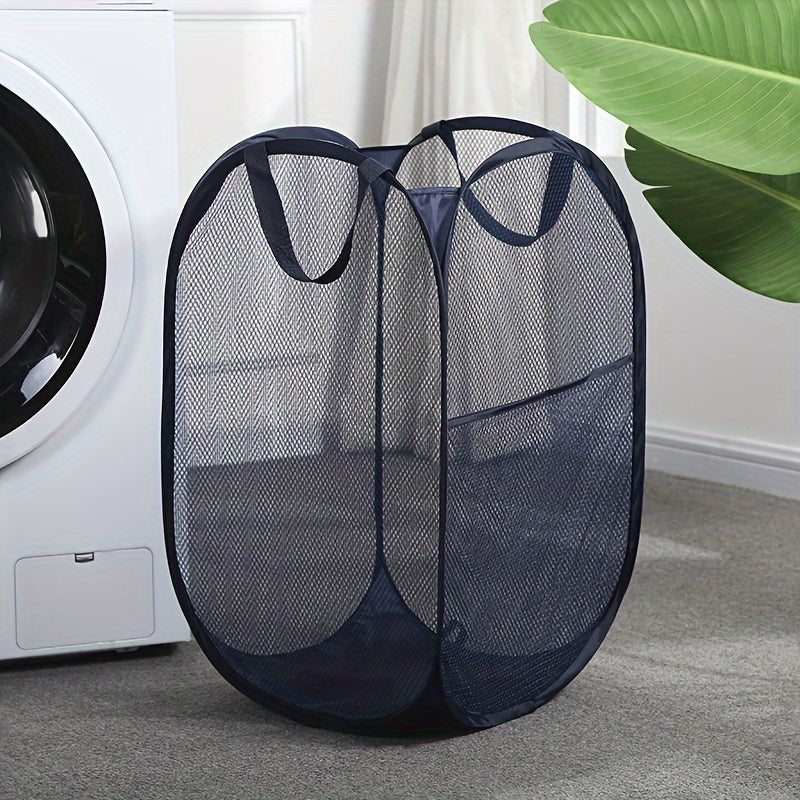 Home laundry basket with large folding design and mesh storage for dirty clothes.