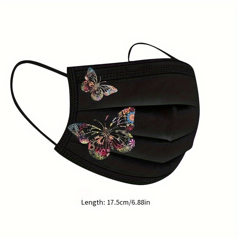 Set of 10 Black Butterfly Print Face Masks made with Woven Material and Elastic, featuring a Stylish and Mature Design. Can be worn as a Decorative Scarf for Women, Men, and Teens during Outdoor activities such as Driving and Casual Wear. Masks are Hand