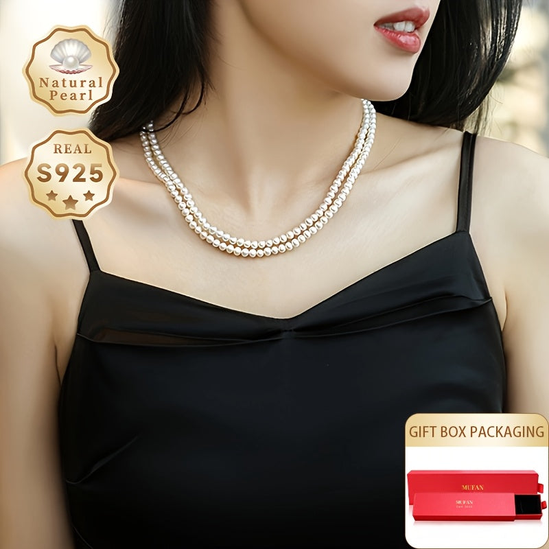 A double layer clavicle chain featuring a 1pc freshwater pearl necklace, sized 4-5mm with near-round pearls. Includes a gift box and options for brand selection. Made from natural gemstones.