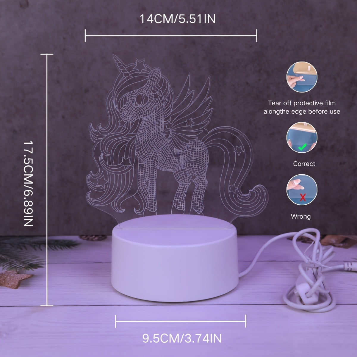 3D Pegasus Unicorn Night Light - USB Powered Desk Lamp with Switch for any Room, Great for Christmas, Weddings, Birthdays - Unique Gift Idea