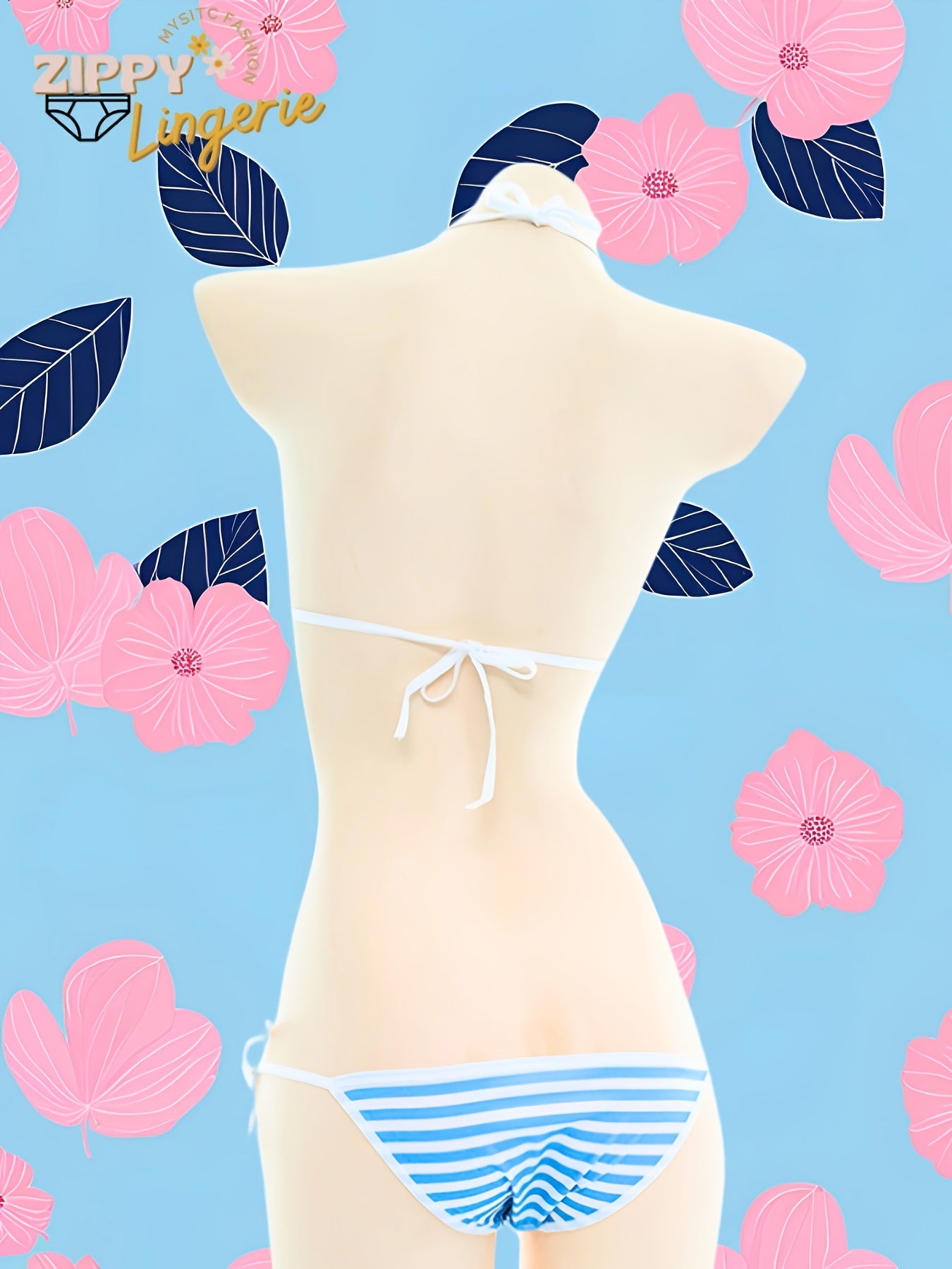 Cute blue and white striped bikini inspired by Deadpool, perfect for Valentine's Day student cosplay, featuring adjustable tie straps and a three-point style.