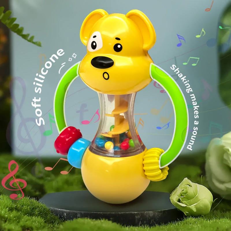 Battery-free handheld interactive vibrating toy for children, designed to improve sensory skills and hand grip strength. Made of yellow ABS material.