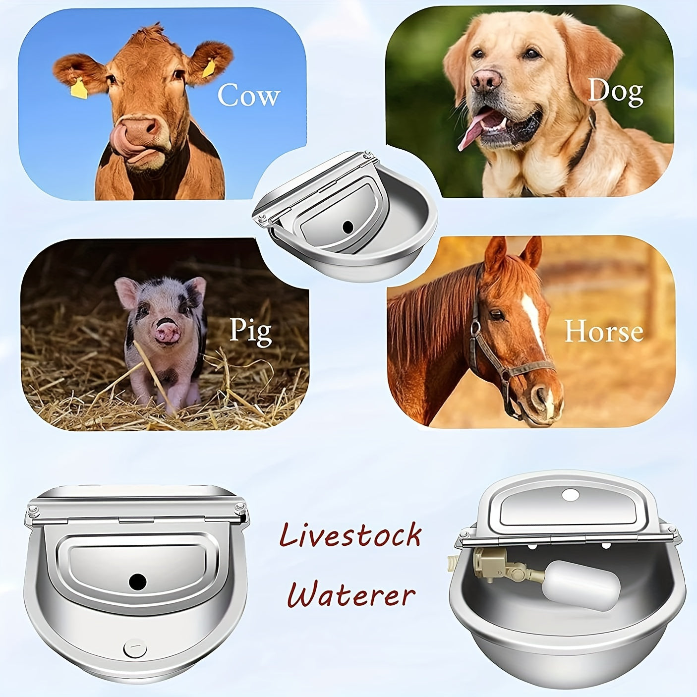 Large capacity stainless steel automatic pet waterer bowl with float valve and drainage, suitable for horses, cows, sheep, and dogs. Durable and does not require batteries.