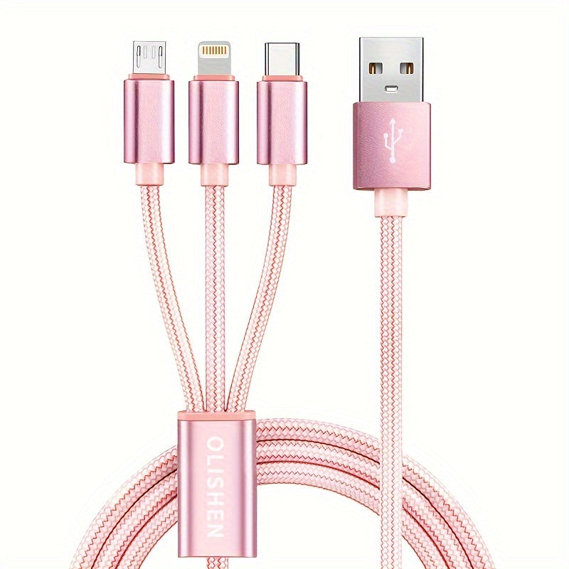 OLISHEN 3-in-1 Nylon Braided USB Charging Cable with multiple lengths (100.58cm/201.17cm/3.02meter) and fast charging capabilities for iPhone, Samsung, Xiaomi, and other devices. Can be