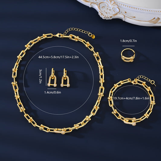 A set of four pieces of trendy European and American luxury zirconia jewelry, perfect for weddings, engagements, daily wear, holidays, social gatherings, and couple gifts. This elegant and durable set is hypoallergenic and ideal for summer.