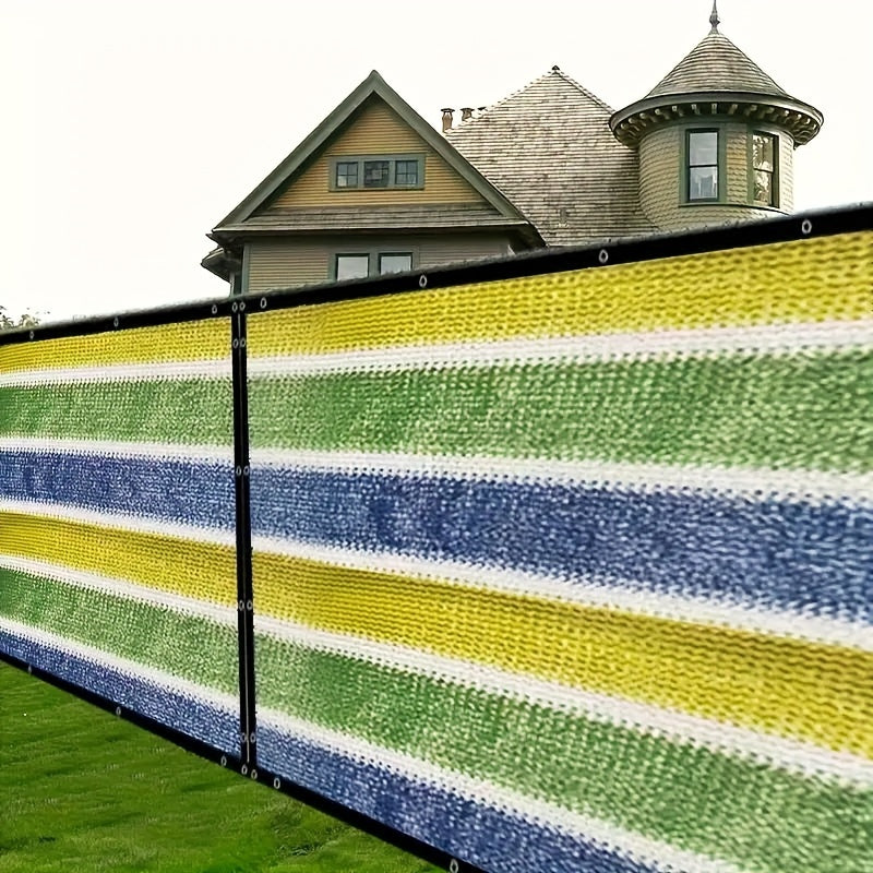 Vibrant outdoor privacy screen made from durable PE material with sunshade netting and anti-spy mesh, featuring hook-and-loop closure for year-round use.