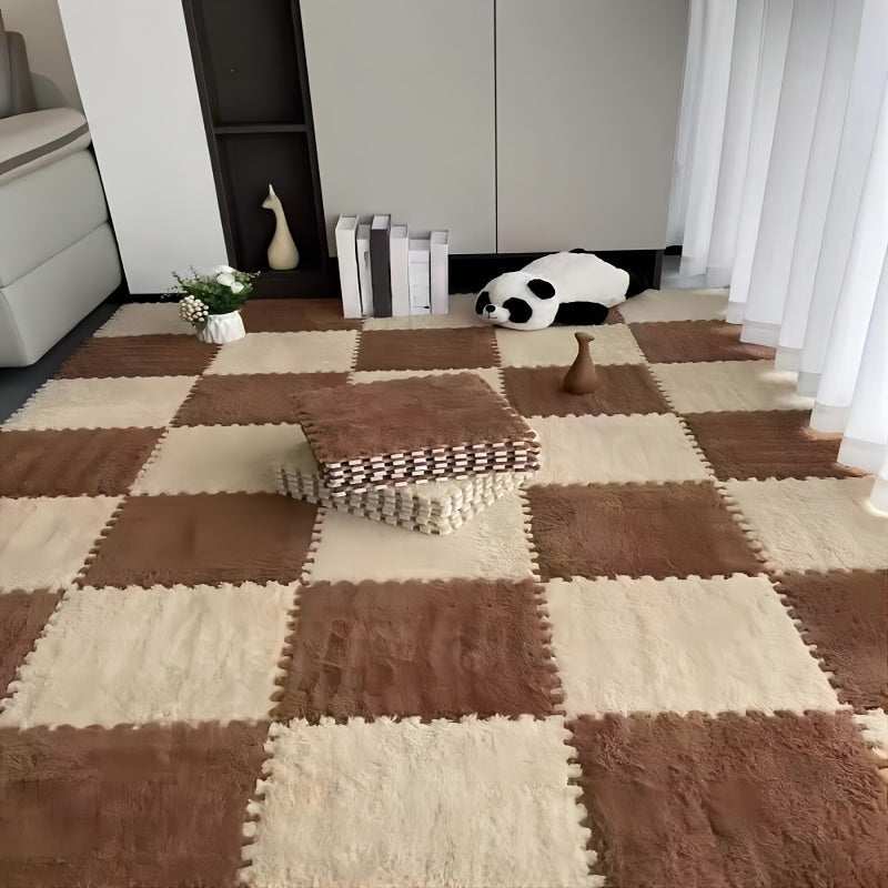 24-piece set of geometric plush area rugs made from washable polyester & EVA, perfect for indoor use in bedrooms and living rooms, pet-friendly and holiday themed.