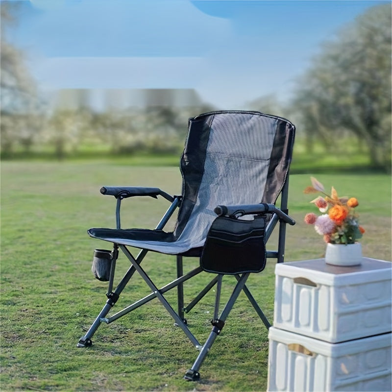 Large, portable outdoor chair made of 600D Oxford cloth with storage bag and cup holder. Ideal for camping, picnics, fishing, and outdoor events.