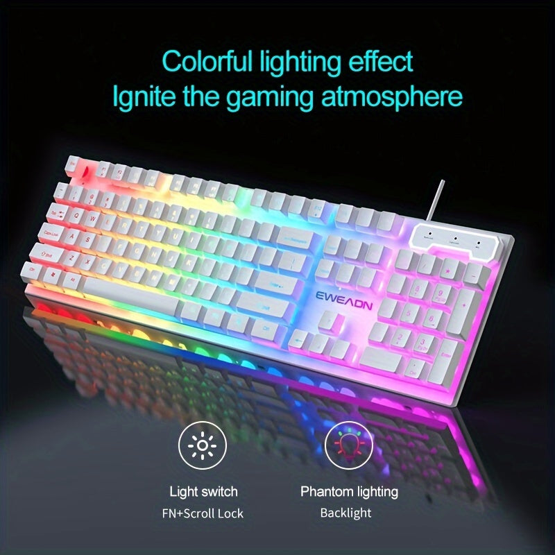 White EWEADN GX30Z Wired Gaming Keyboard with LED Rainbow Backlit, 104 Keys, Mechanical Feel, Numeric Keys, for Game and Office on Windows Laptop PC.