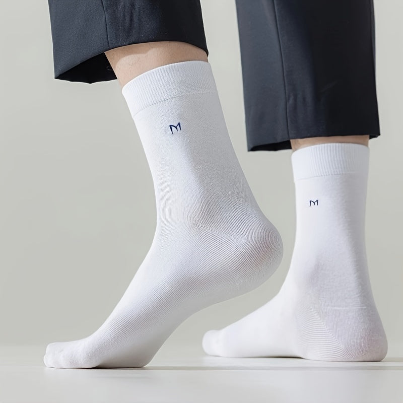 10 pairs of men's cotton socks, mid-calf length with alphabet pattern. Made from a stretch blend of 90% cotton and 10% spandex. Machine washable and suitable for business casual style.