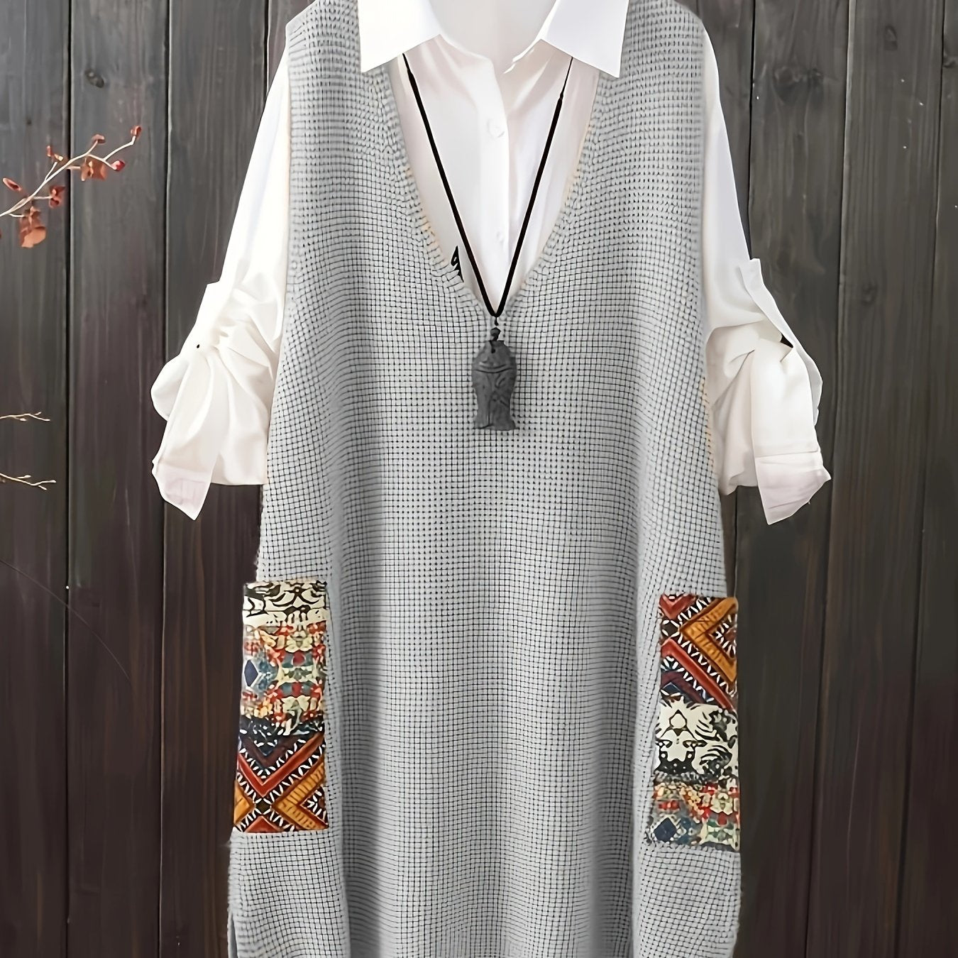 Plus size casual V-neck printed sweater vest dress with pockets.