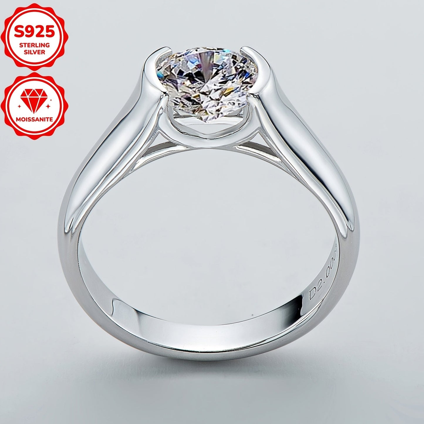 Stunning 2CT Round Moissanite Engagement Ring in Classic Style, Crafted from 925 Sterling Silver with 18K Golden Plating. Features a Synthetic April Birthstone in a Single Stone Setting, Perfect for Weddings, Vacations, and as a Valentine's Day Gift. A