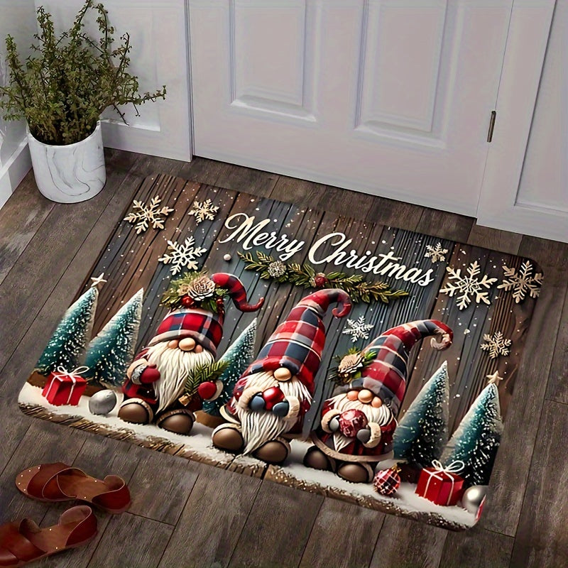 Welcome guests with the Christmas Gnome Doormat, a polyester area rug that is machine washable and features a low pile knit weave. This festive holiday decor piece comes with indoor anti-slip backing, making it perfect for use in your home, bedroom