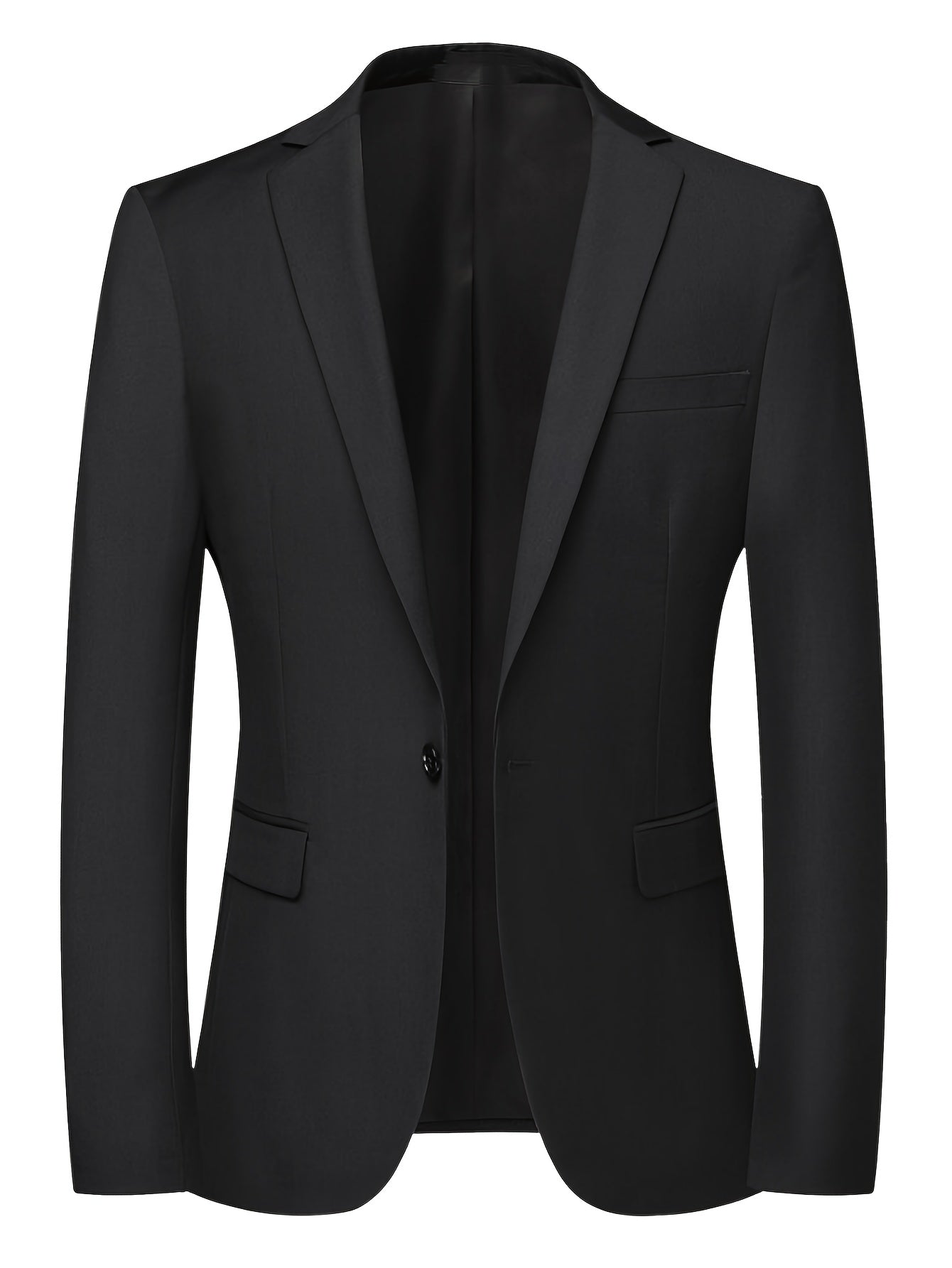 Men's casual solid color blazer in polyester fabric with lapel collar, single button placket, and slit hem.