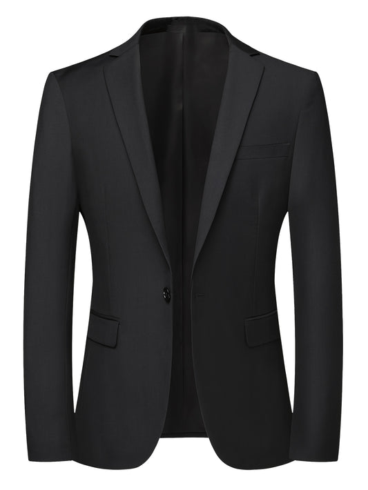 Men's casual solid color blazer in polyester fabric with lapel collar, single button placket, and slit hem.