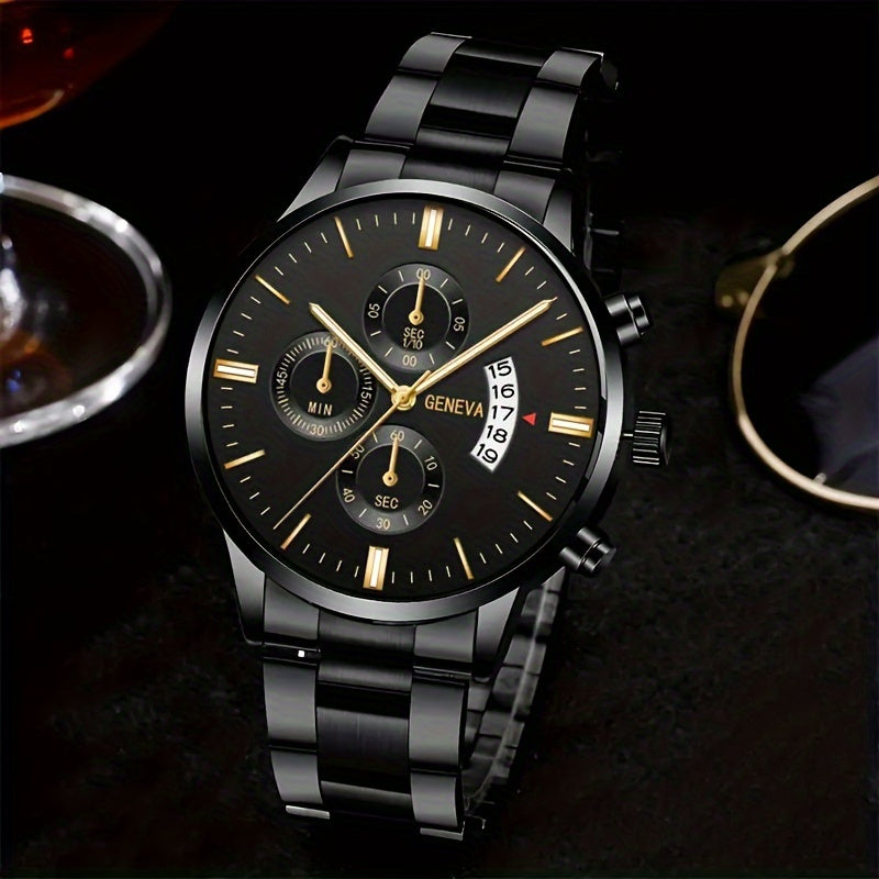 Casual Style Matching Bracelet Set Elegant Men's Stainless Steel Quartz Watch with Calendar Feature