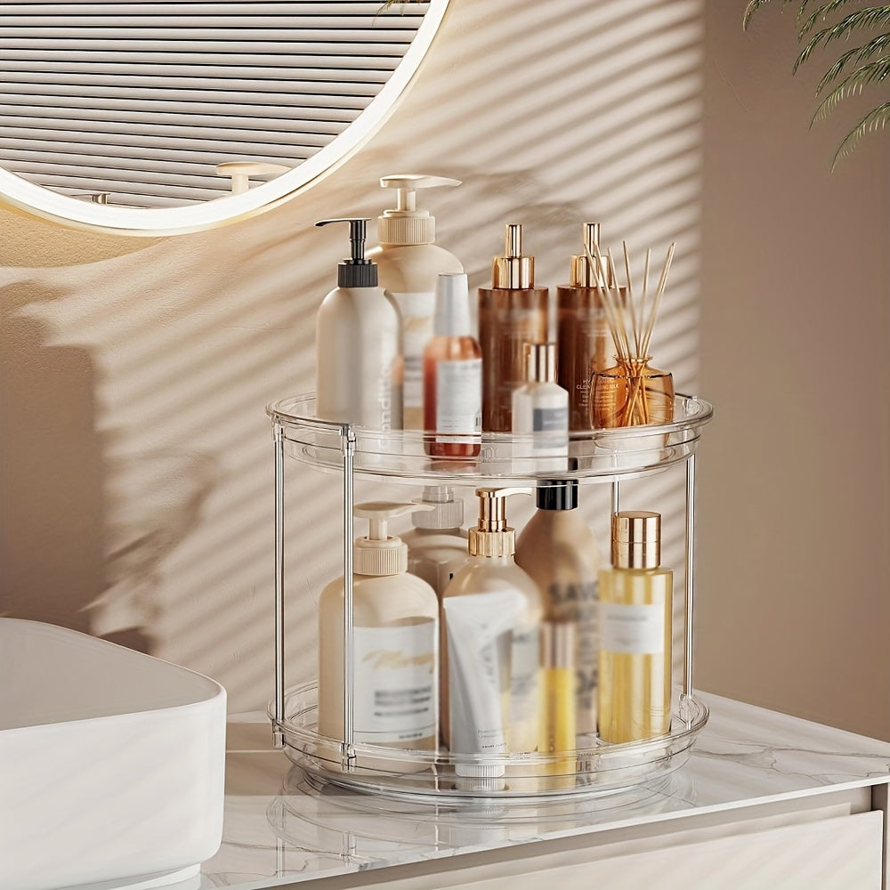 Lazy Susan Turntable Organizer with 2 Tiers - 23.5cm Rotating Spice Rack for Kitchen Cabinet, Pantry, and Countertop. Features Clear Plastic and Stainless Steel Open-Storage for Spices and Condiments. Can also be used as a Makeup Organizer for Bathroom