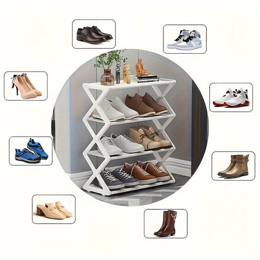 Space-saving 4-tier plastic folding shoe rack organizer with a floor-standing design for various room types. Can hold up to 12 pairs of shoes without the need for electricity or wooden materials.