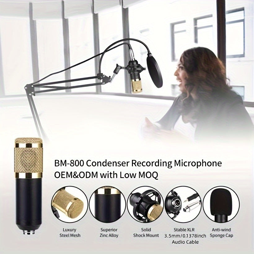 Black and Golden BM-800 Full Metal Microphone Set, USB Powered, 3.5mm Jack, Multi-Purpose Condenser Mic for various uses - Rzosom, Metal Condenser Microphone, Hanging, Anti-spray Net