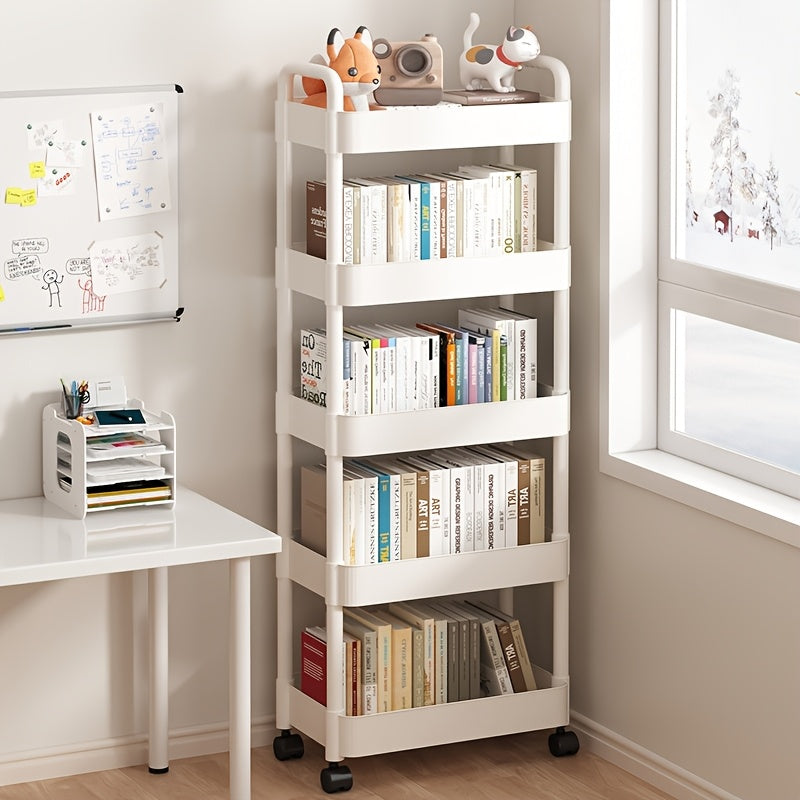 The white storage rack with wheels is a versatile 5-tier solution for organizing items in the kitchen, bathroom, or living room. It is ideal for storing snacks and coffee pods.