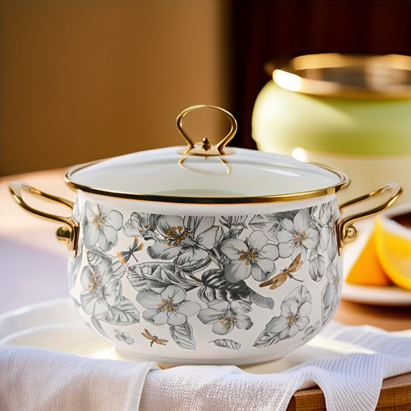 Enamel Soup Pot with Golden Trim - Featuring Dragonfly & Floral Design, Ideal for Home Cooking and Intimate Dinners