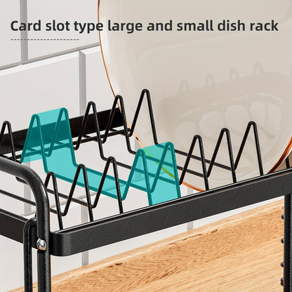 1-piece Contemporary Metal Kitchen Dish Rack with Drainboard, Versatile Open-Storage Organizer for Plates, Cups, Utensils, and Cutting Board Holder - No Power Required, Black