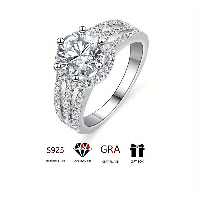 925 Sterling Silver Wide Band Ring with 2/3ct Moissanite, embellished with pave-set Micro Shining zirconia. Ideal for engagement or wedding. A perfect gift for her, presented in a gift box.