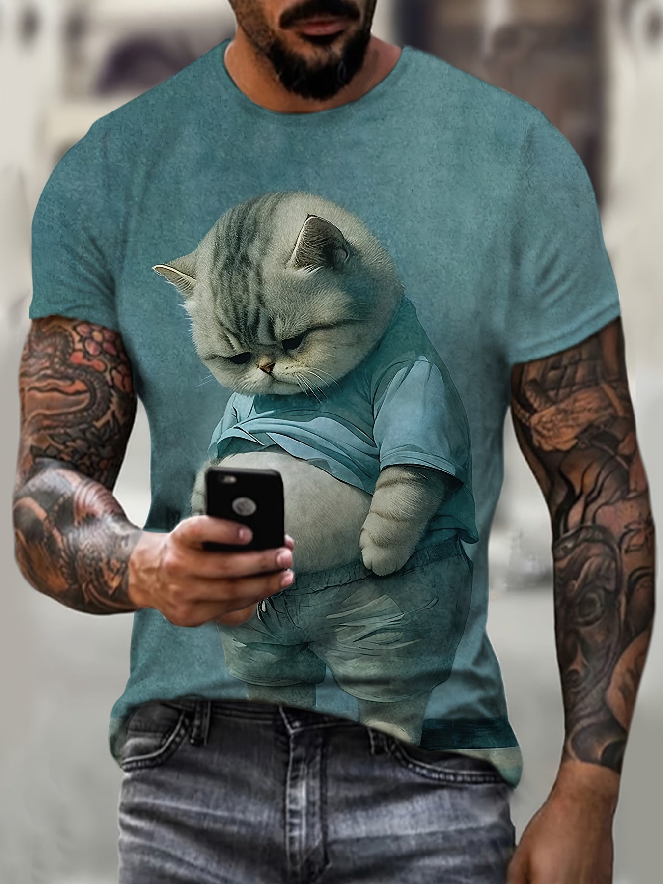 Casual round neck T-shirt with chubby cat print, made with knitted polyester fabric. Comfortable stretch and short sleeves make it suitable for business, outdoor activities, parties, or as