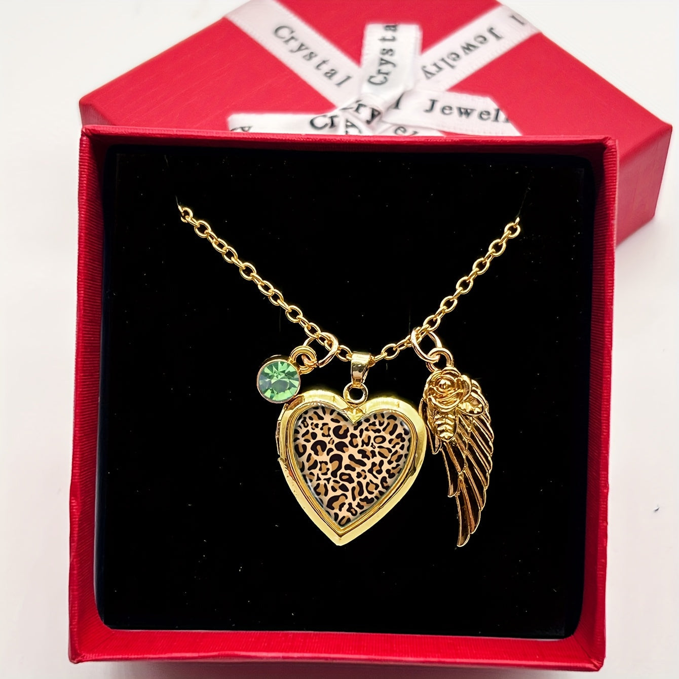 Stylish Heart-Shaped Photo Locket Necklace with Leopard Print Design, December Birthstone, Rhinestone Detail, Copper Material - Comes in a Red Gift Box, Ideal for Valentine's Day or Anniversary Celebrations, Golden Color, Wing Accent