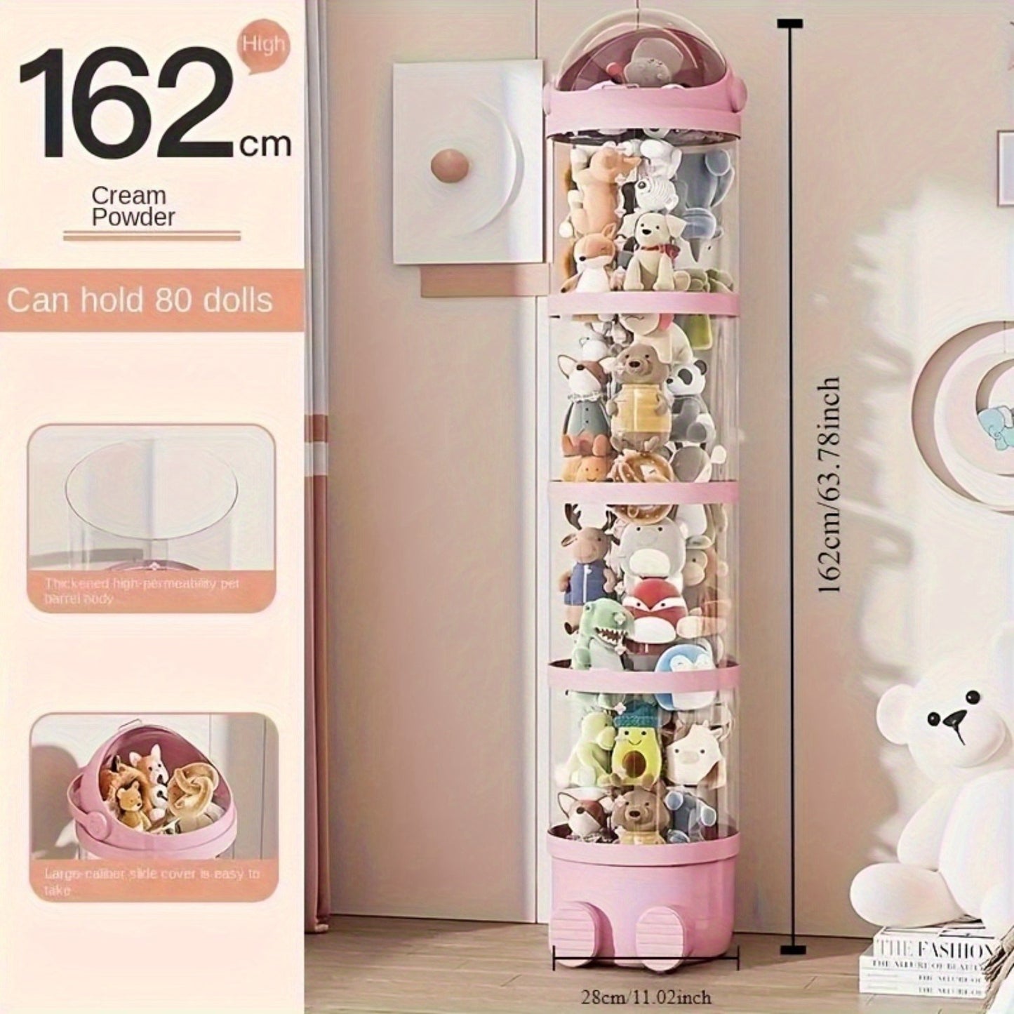 Acrylic doll storage organizer with multi-layer transparent display stand for plush toys and puppets. Round flip design made of durable plastic, no electricity needed. Perfect for home organization.