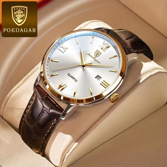 Casual Trendy Quartz Watch for Men with Luminous Calendar and PU Leather Band by POEDAGAR