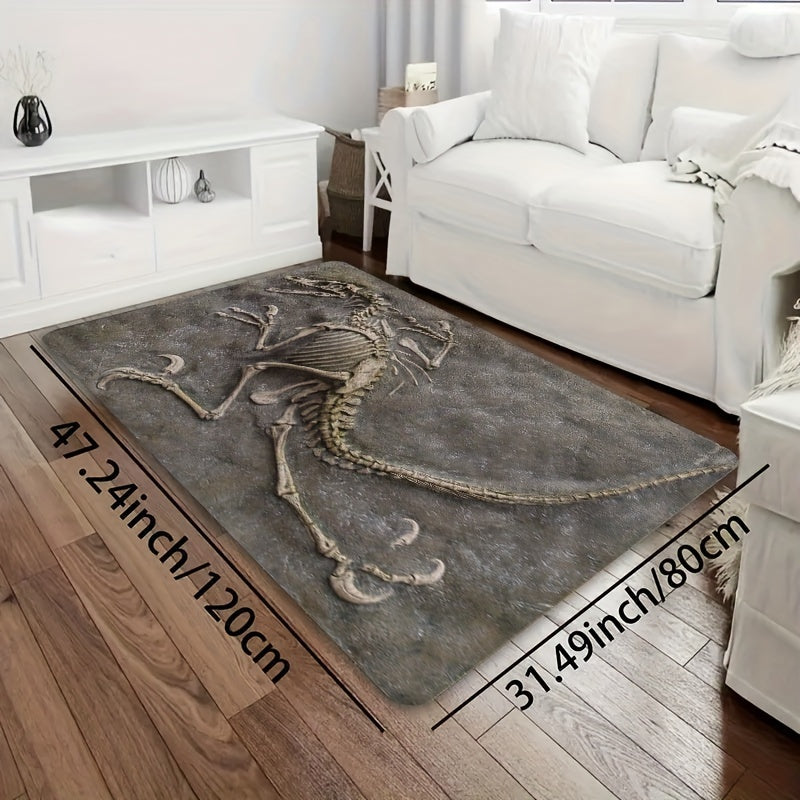 Soft and thick area rug designed with dinosaur fossils, measuring 8mm in thickness. This rug is machine washable and suitable for use in the bathroom, kitchen, living room, or bedroom. It serves as a versatile indoor decor mat, perfect for adding a touch