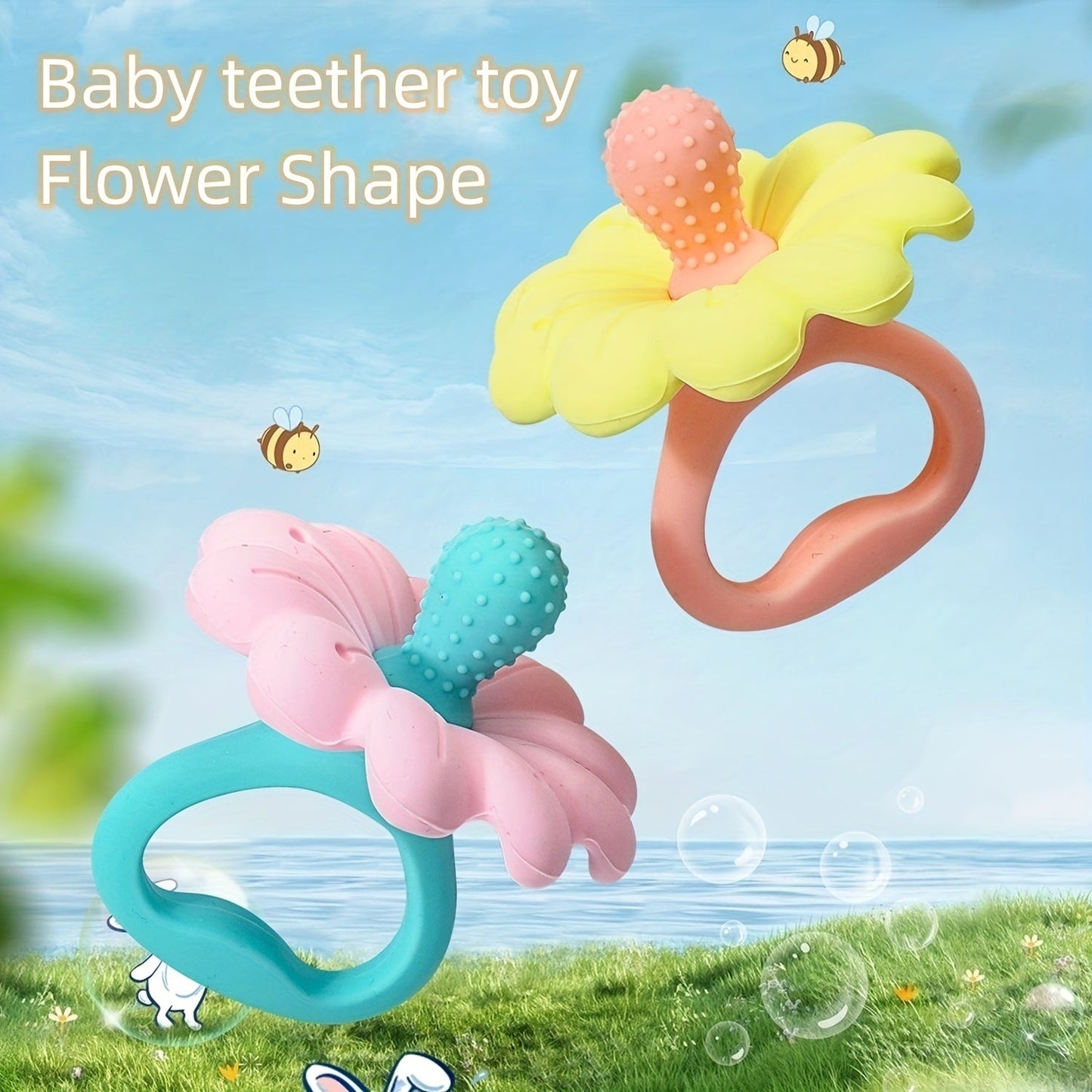 Soft and Safe Flower Silicone Teether for Young Children - Easy to Hold and Chew, Available in Pink, Blue, or Yellow - Ideal Christmas Present for Kids