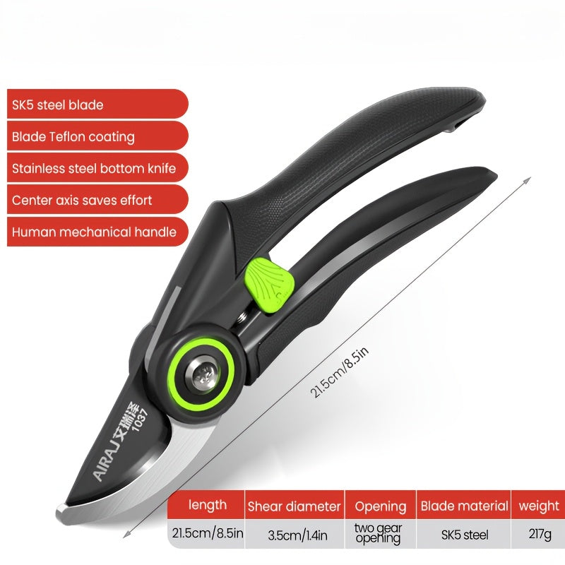 AIRAJ Ergonomic Pruning Shears - Sharp, Durable & Safe Garden Tool for Effortless Plant Care, No Assembly Required - Black