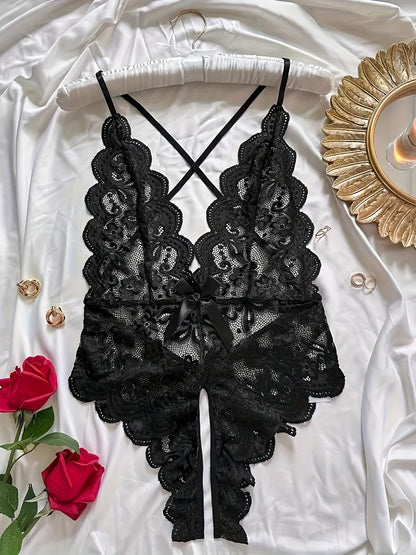 Sexy lace bow teddy with open crotch and strappy backless design, perfect for women's lingerie.