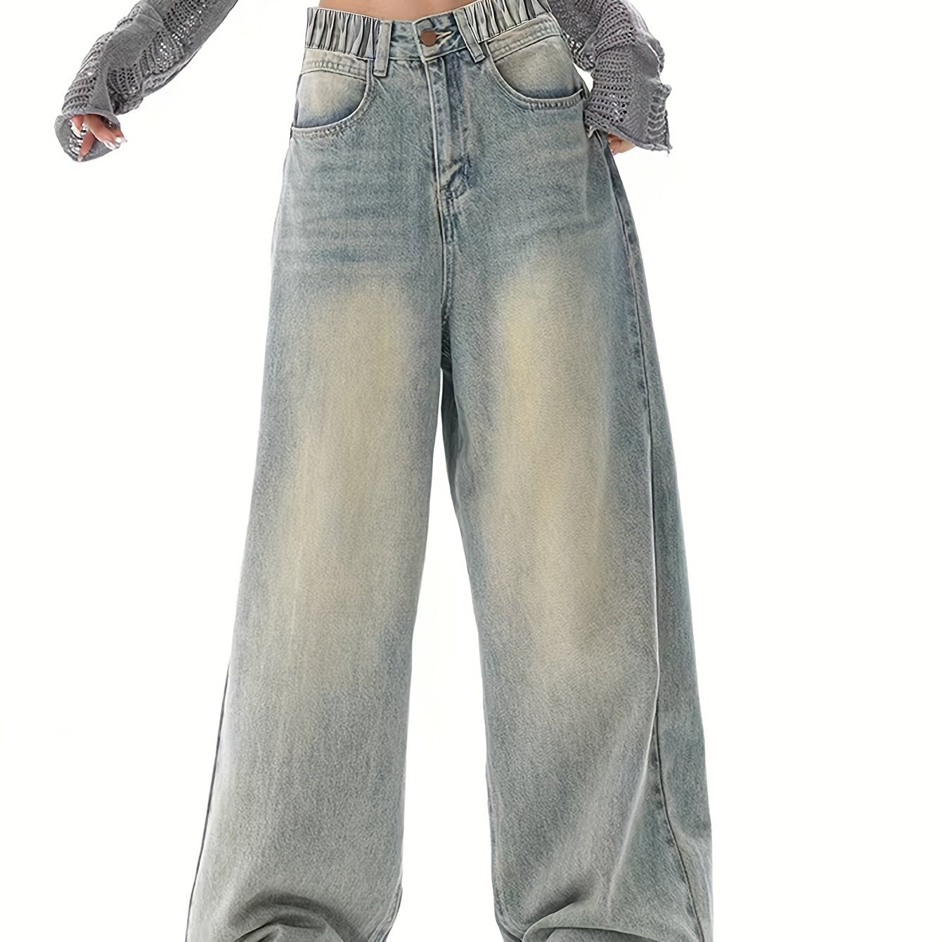 Durable vintage washed grey wide-leg jeans for teen girls with elastic waistband, machine washable, allseason denim.