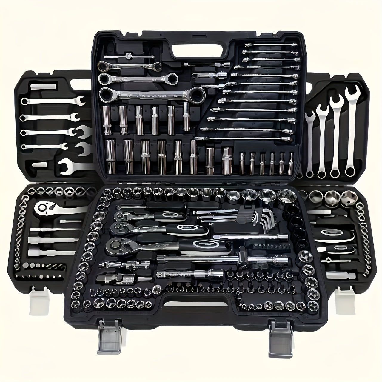 46-piece Chrome Vanadium Steel Mechanic Tool Set, includes heat-treated wrench kit, high torque, portable for car, bike, and motorcycle maintenance.