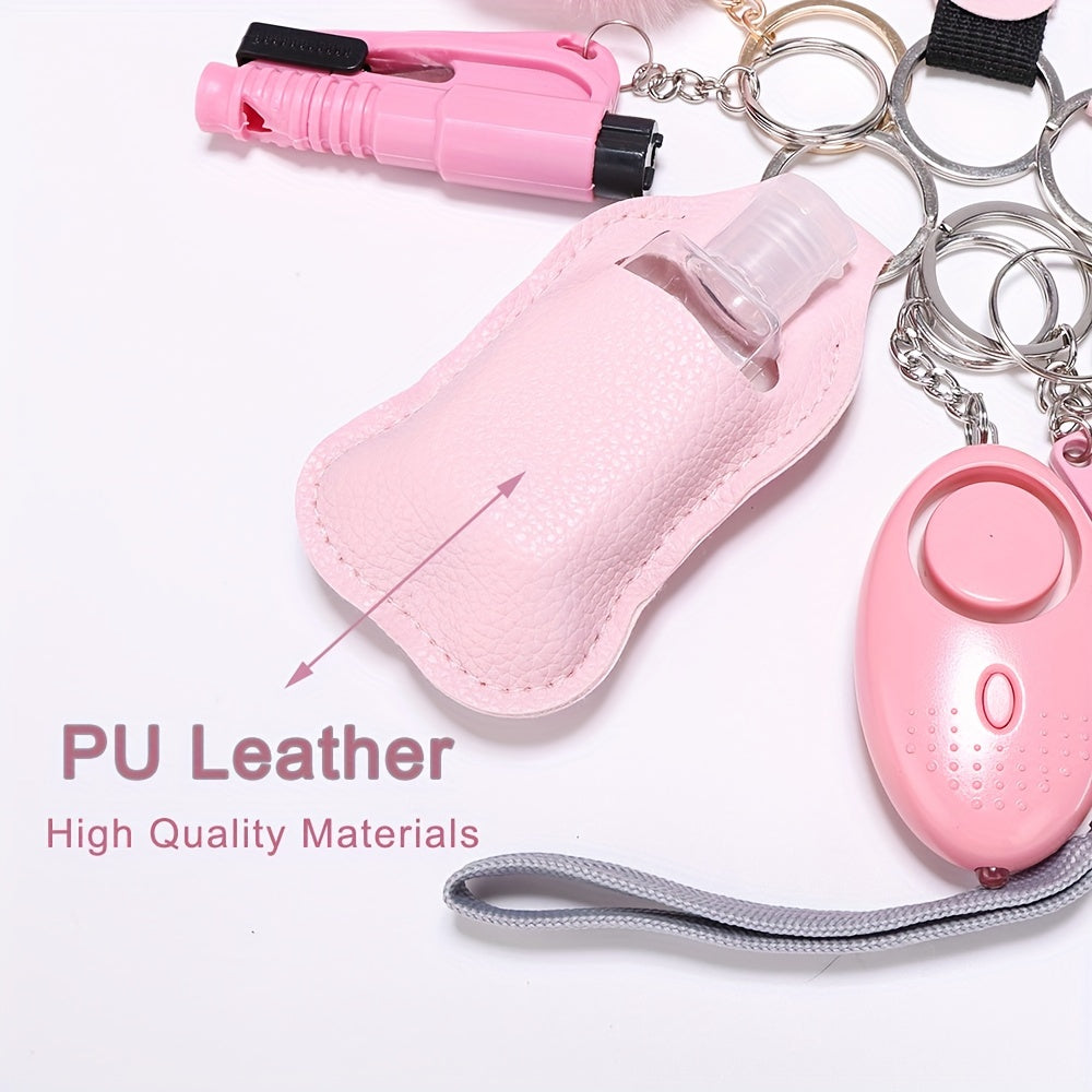 Set of 10 Pink Safety Accessories for Women - Includes Personal Alarm, Window Breaker & More - Stylish Faux Leather Set, Ideal Gift for Mom & Girls