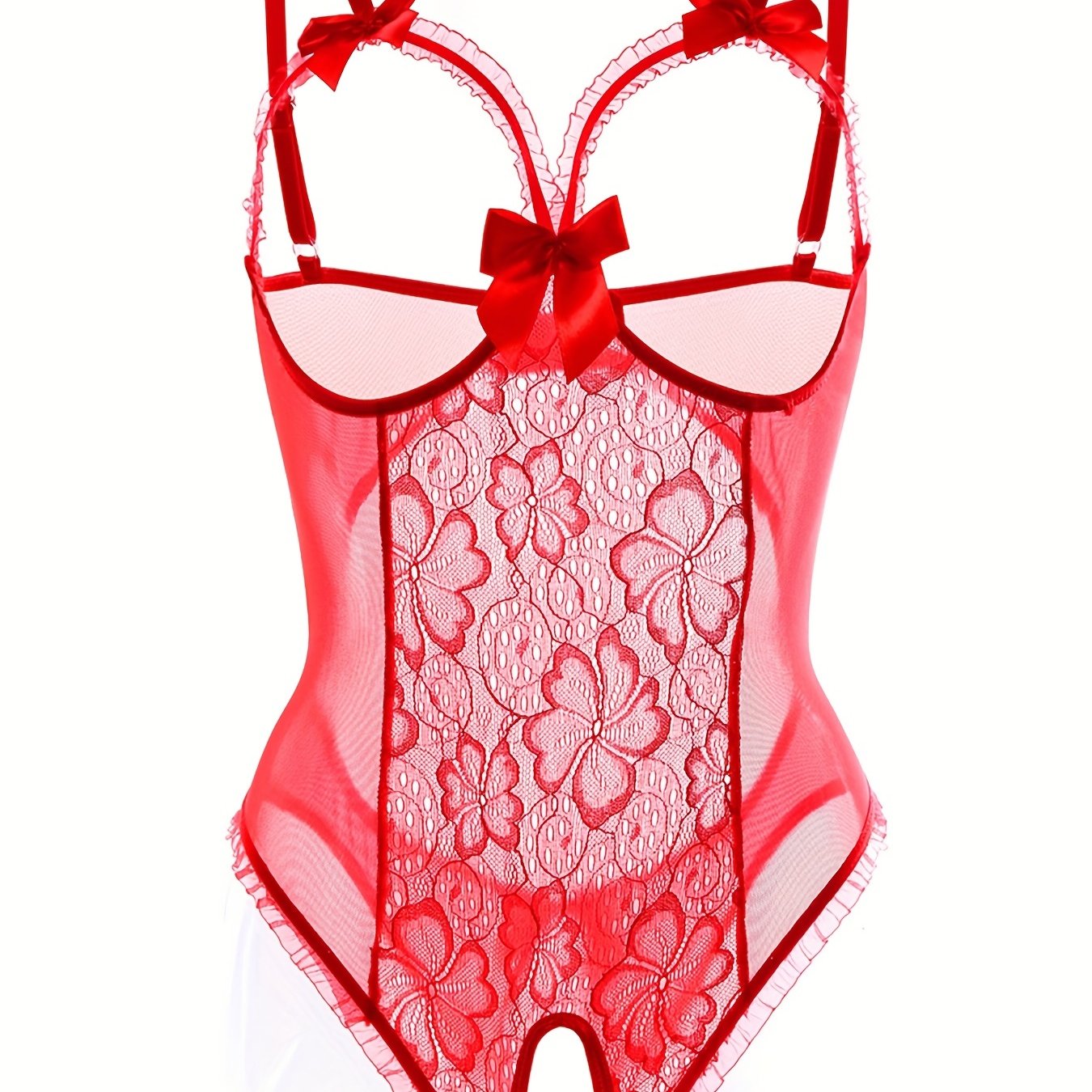 Floral lace teddy with open bust and open crotch, ruffle bodysuit lingerie for women.