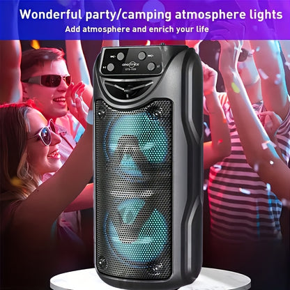 Loud, portable outdoor speakers with LED lights, large battery, and various connectivity options. Ideal for live music and home parties.