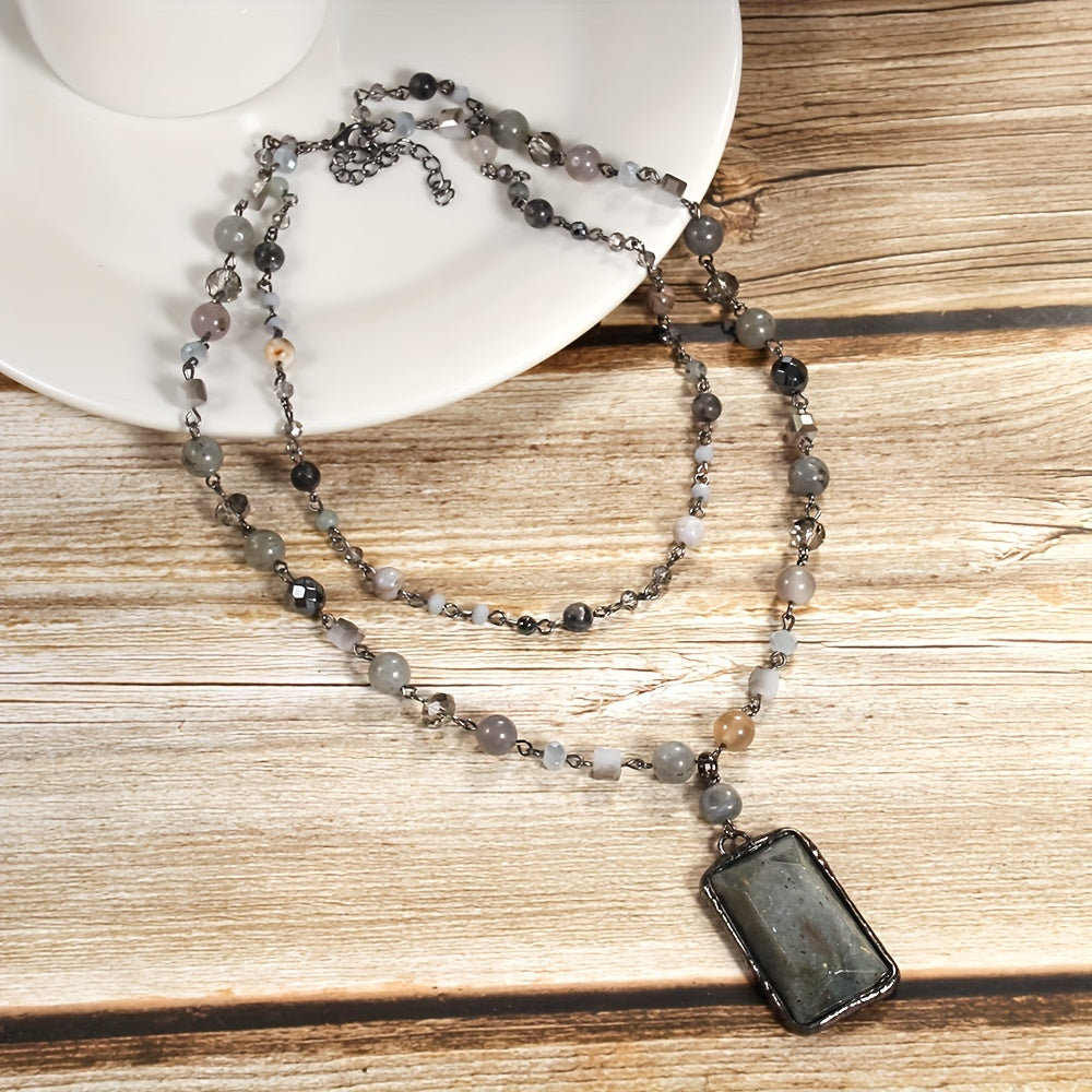 Chic Layered Stone Necklace with Boho Vibe, Featuring Natural Gemstones and Glass Beads on Black Chain, 2-Tier Style with Square Faceted Pendant, Great for Women to Wear Everyday or Give as Gifts, Ideal for Celebrating Mother's Day or Welcoming Spring